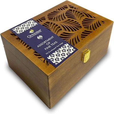 Octavius Tea Gift Set - Assorted Black & Green Tea Bags in Wooden Box | 6 Flavors, 90 Count | Premium Tea Sampler for Women & Men | Wellness Gift, Holiday, Birthday, Office, Corporate Gifting