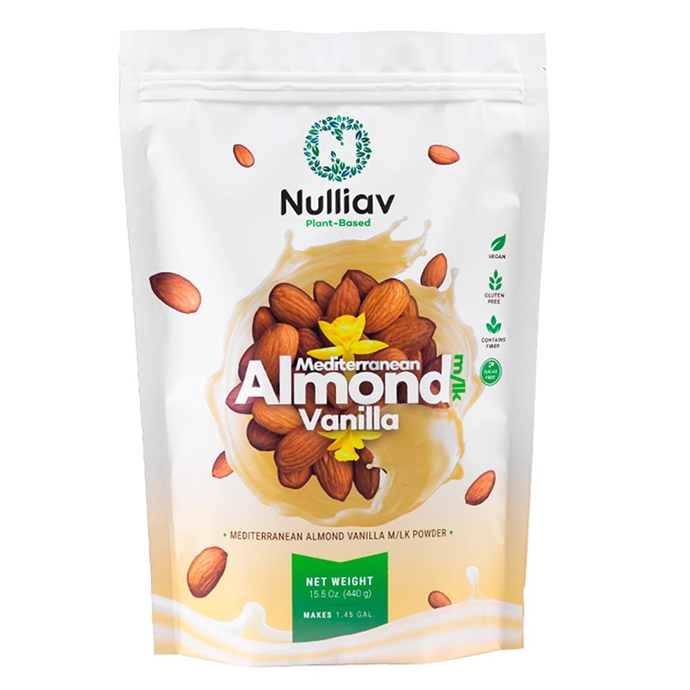 NULLIAV | Almond Milk Powder Vanilla - High Protein Blend with Prebiotic Fiber powder For Gut Health and Digestion - Vegan Plant Based Dairy Free Formula For Lactose Intolerance - 15.5oz Bag Portable Convenient