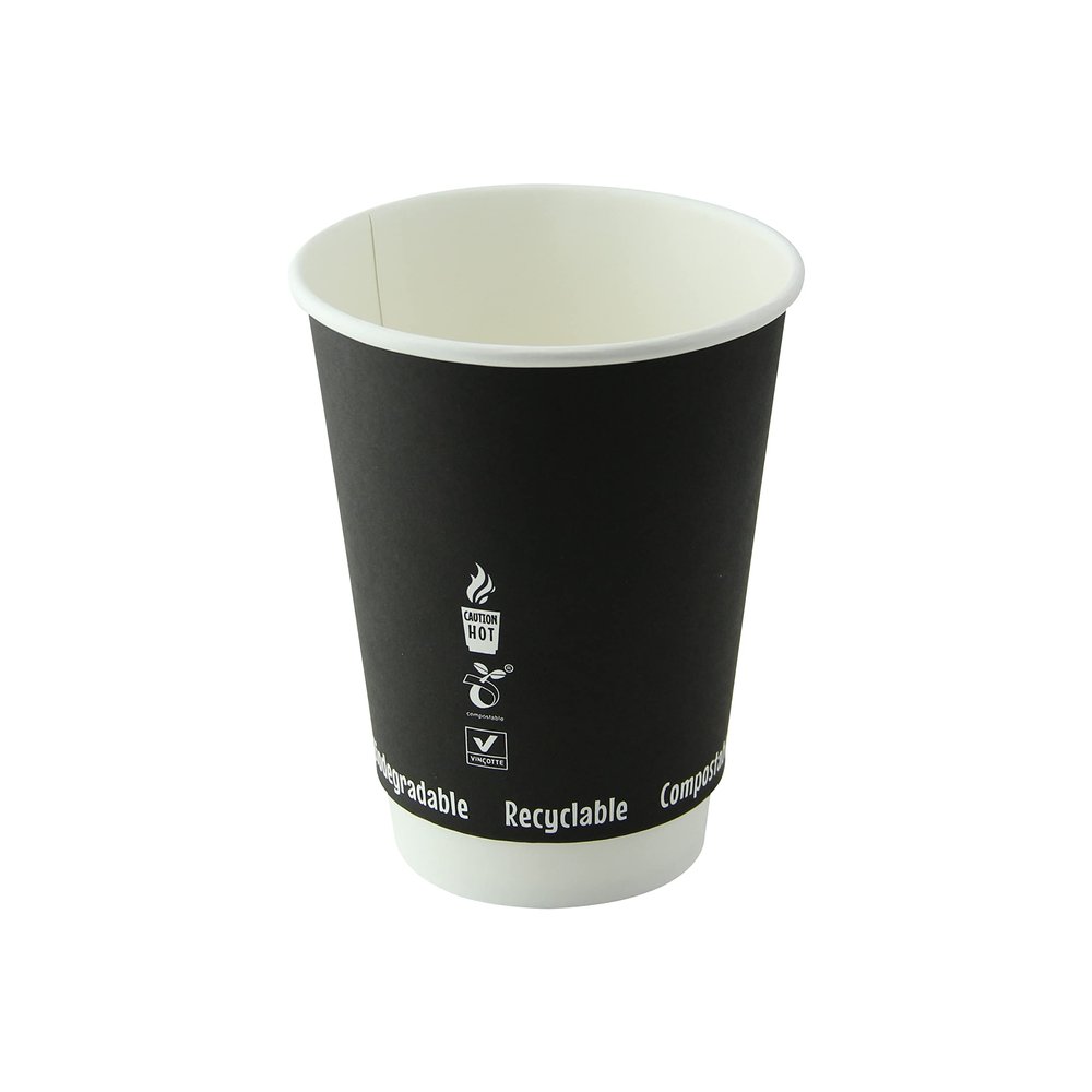 PacknWood 210GCDW20N Double Wall Black Compostable Paper Cup, disposable paper cup, coffee cups, disposable tea cups, dixie cups, paper coffee cups, disposable cups - 20oz D:3.5in H:6.3in - 500 pcs