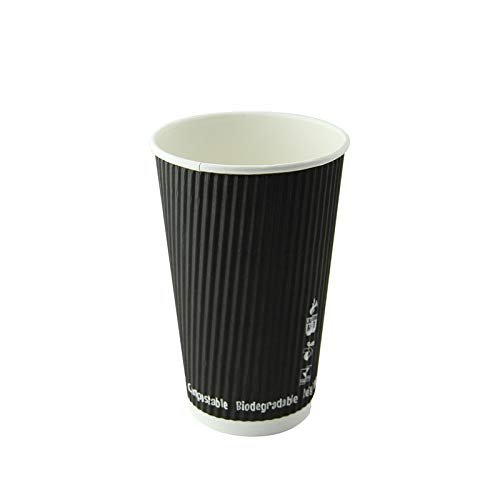 PacknWood 210GCRPLA16N Compostable Rippled Black Cup, disposable paper cup, disposable tea cups, dixie cups, party cups, paper coffee cups, disposable cups,16oz D:3.5in H:5.4in - 500 pcs