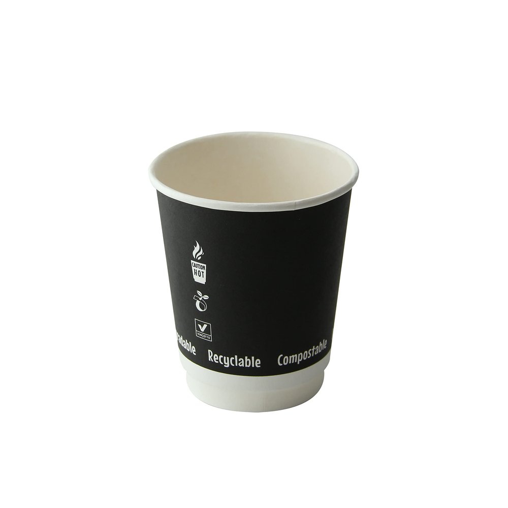 PacknWood 210GCDW8N Double Wall Black Compostable Paper Cup, disposable paper cup, disposable tea cups, dixie cups, party cups, paper coffee cups, disposable cups -8oz D:3.15, H:3.5in -500 pcs