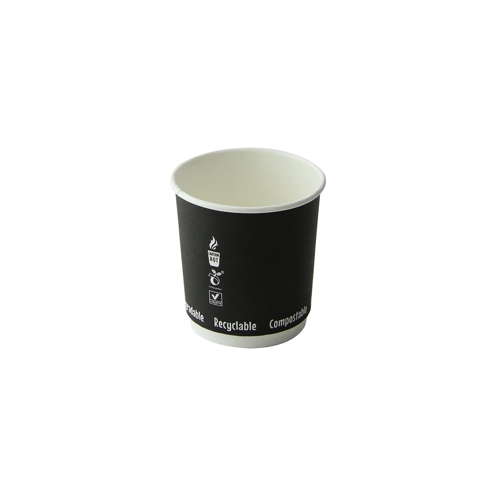 PacknWood 210GCDW4N Double Wall Black Compostable Paper Cup, disposable paper cup, coffee cups, disposable tea cups, dixie cups, paper coffee cups, disposable cups - 4oz D:2.4in H:2.4in - 1000 pcs.