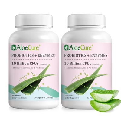 AloeCure Daily Probiotics 10 Billion CFU for Digestive Support 8 Strains, 6 Prebiotics & Enzymes - Digestive Supplement with Bromelain for Women & Men - Gut Support, Digestive Relief, 30 Caps x 2btls
