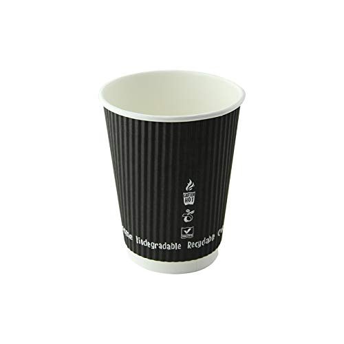 PacknWood 210GCRPLA12N Compostable Rippled Black Cup, disposable paper cup, disposable tea cups, dixie cups, party cups, paper coffee cups, disposable cups,12oz D:3.5in H:4.25in - 500 pcs
