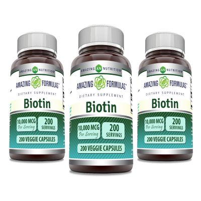 Amazing Formulas Biotin 10000 mcg Veggie Capsules | Vitamin B7 Supplement | Non-GMO | Gluten Free | Made in USA (200 Count | 3 Pack)