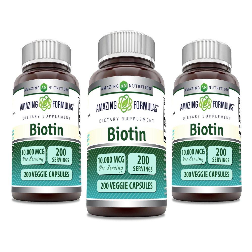 Amazing Formulas Biotin 10000 mcg Veggie Capsules | Vitamin B7 Supplement | Non-GMO | Gluten Free | Made in USA (200 Count | 3 Pack)