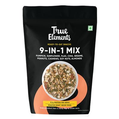 True Elements 9 in 1 Snack Mix 8.82 Oz - Mix of Pumpkin, Watermelon, Flax, Chia, Sunflower, Peanuts, Soynuts, Almonds & Cashew Nuts