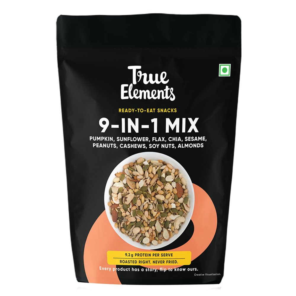 True Elements 9 in 1 Snack Mix 8.82 Oz - Mix of Pumpkin, Watermelon, Flax, Chia, Sunflower, Peanuts, Soynuts, Almonds & Cashew Nuts