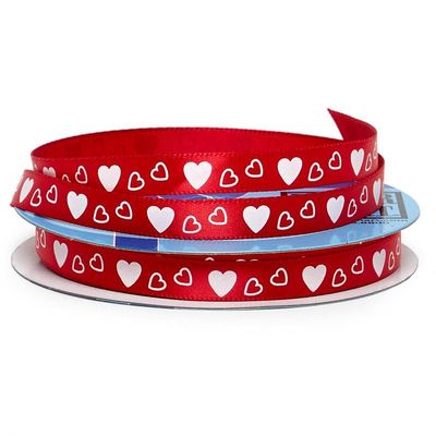 3/8" X 25 Yards Hearts On Narrow Satin Ribbon - Red - Roll 1