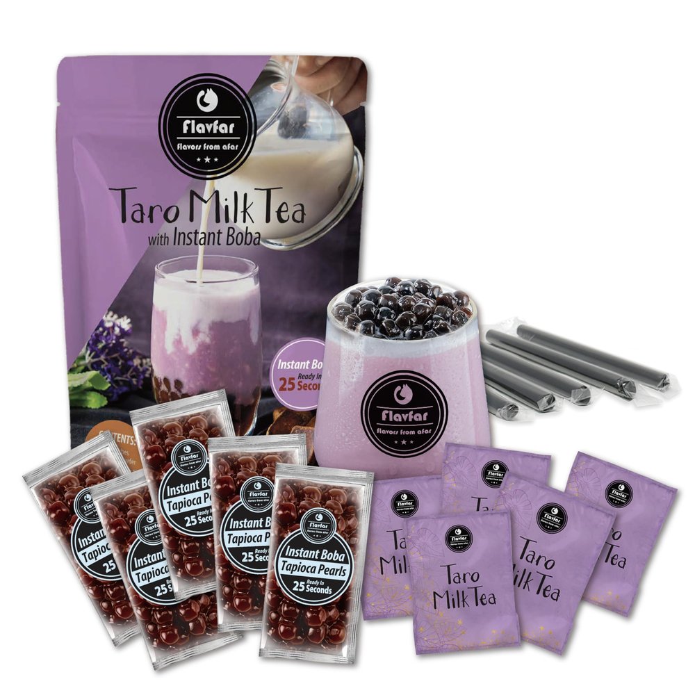 Flavfar Premium Instant Taro Milk Tea Kit with Authentic Brown Sugar Tapioca Boba and Straws | Ready in Just 25 Seconds | Perfect for Home, Parties, and Gift Giving - 5 Servings