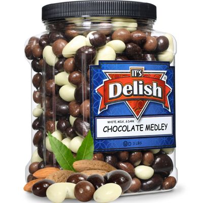 Gourmet Chocolate Bridge Mix Medley by Its Delish, 3 LBS Jumbo Container | Dark, Milk, and White Chocolate Coated Peanuts, Almonds, Raisins, Espresso Beans, Cashews, Macadamia Nuts Candy, Kosher Dairy