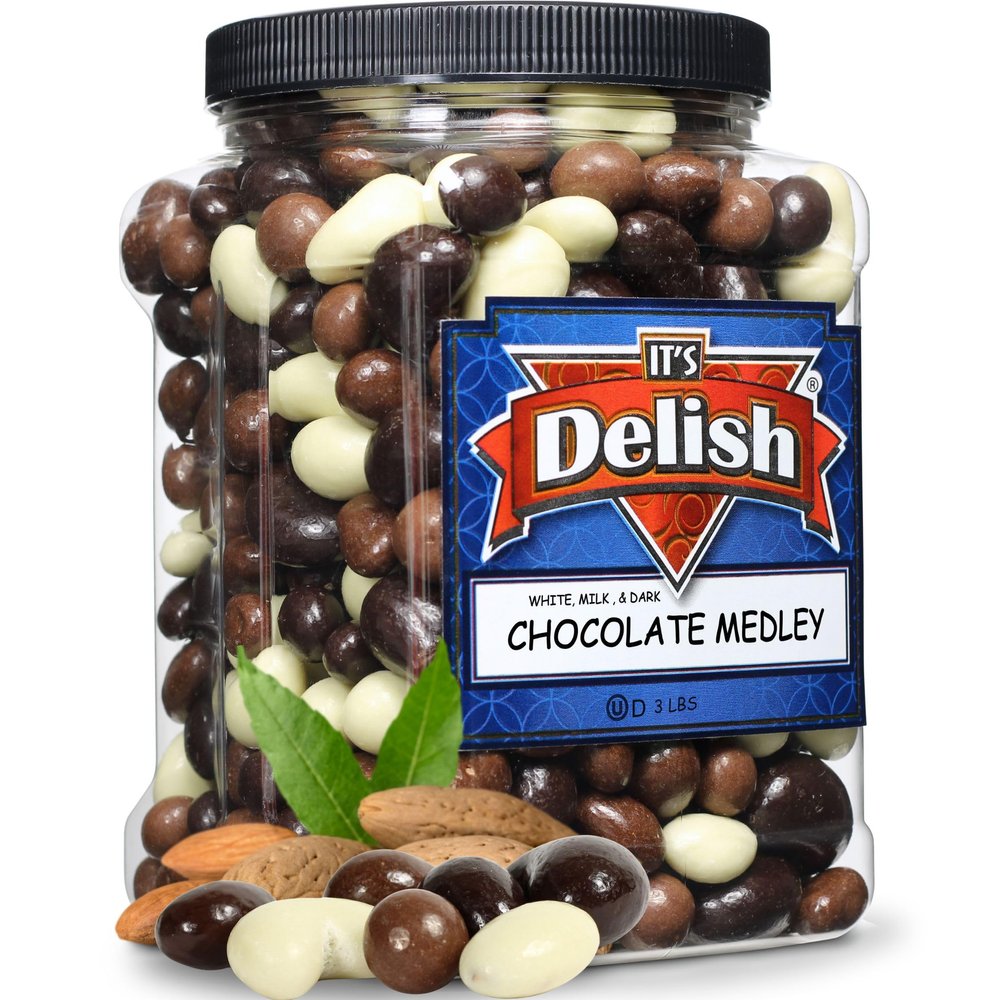 Gourmet Chocolate Bridge Mix Medley by Its Delish, 3 LBS Jumbo Container | Dark, Milk, and White Chocolate Coated Peanuts, Almonds, Raisins, Espresso Beans, Cashews, Macadamia Nuts Candy, Kosher Dairy