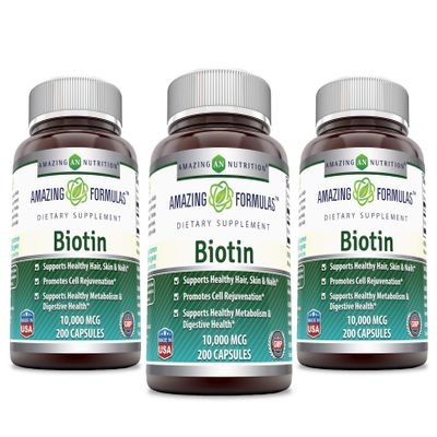 Amazing Formulas Biotin 10000mcg 200 Veggie Capsules Supplement | Non GMO | Gluten Free | Made in USA | Suitable for Vegetarians (Pack of 3)
