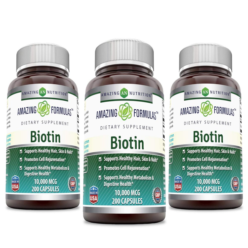 Amazing Formulas Biotin 10000mcg 200 Veggie Capsules Supplement | Non GMO | Gluten Free | Made in USA | Suitable for Vegetarians (Pack of 3)