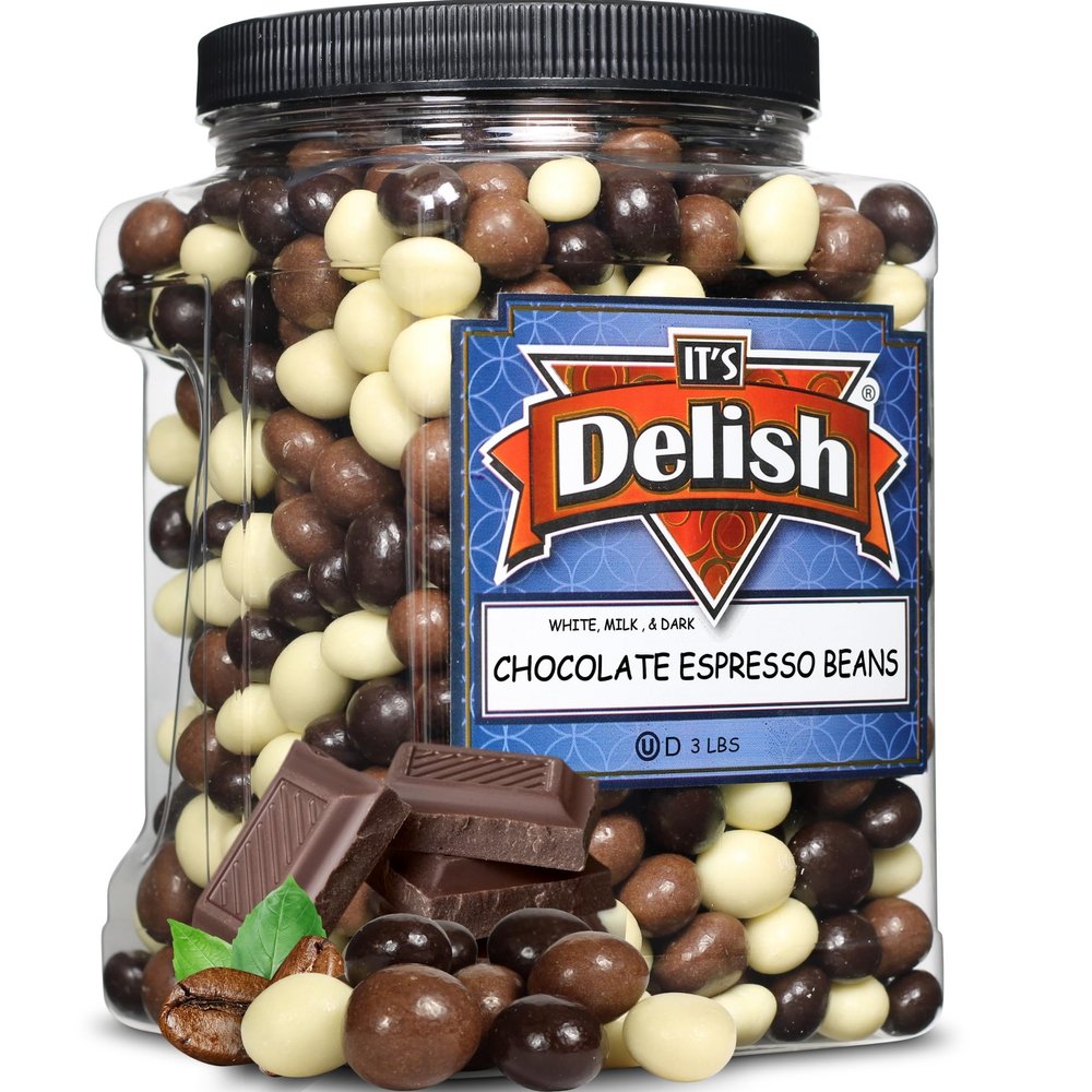 Gourmet Chocolate Covered Espresso Beans Medley by Its Delish, 3 LBS Jumbo Reusable Container  Mix of Dark, Milk & White Chocolate Covered Roasted Coffee Beans | Chocolate Candy Snack | Kosher Dairy