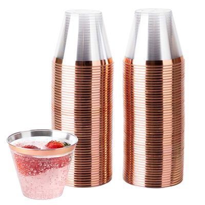 PLASTICPRO 9 oz Disposable Plastic Party Cups,Old fashioned Designed Tumblers, Crystal Clear (Clear With Rose Gold Rim, 200)