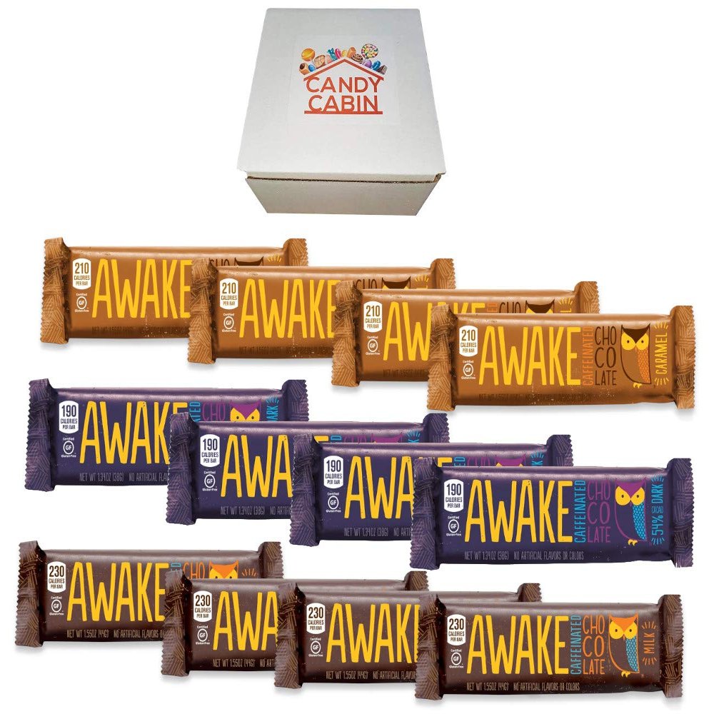 Awake Caffeinated Chocolate Energy Bar (12 Count) BY CANDY CABIN (Milk Chocolate - Caramel - Dark Chocolate)
