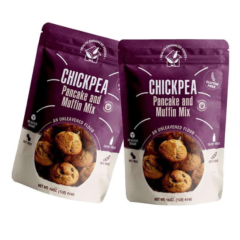 Health Enhanced Foods Chickpea Pancake & Muffin Mix [2 Pack - 16 oz / 1 LB] - Gluten-Free, Nut-Free, Grain-Free, Soy-Free, Dairy-Free, No Added Sugar - Perfect for Pancakes, Muffins, Waffles