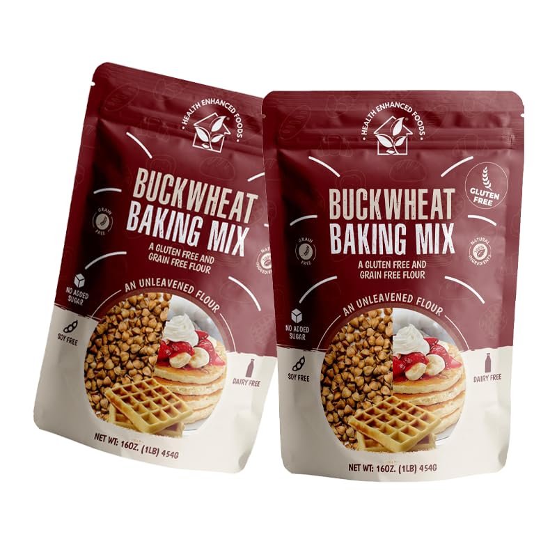 Health Enhanced Foods Gluten-Free Buckwheat Baking Mix [2 Pack - 16 oz / 1 LB] - Pancake, Waffle, Cookie & Muffin Mix - Nut-Free, Grain-Free, Soy-Free, Dairy-Free, No Added Sugar, Low Glycemic