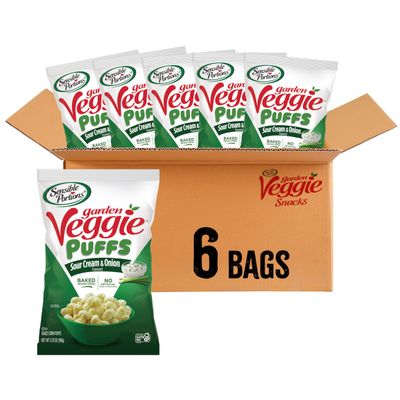 Sensible Portions Veggie Puffs, Sour Cream & Onion Flavor, Gluten-Free Chips, 3.75 Ounce Bag, 6-Pack
