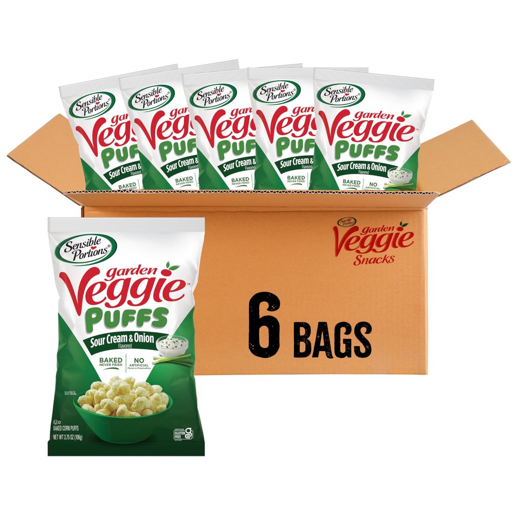 Sensible Portions Veggie Puffs, Sour Cream & Onion Flavor, Gluten-Free Chips, 3.75 Ounce Bag, 6-Pack