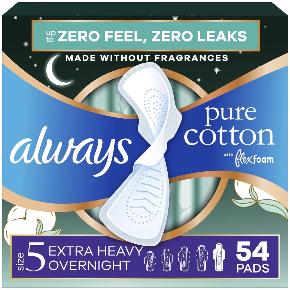 Always Pure Cotton Feminine Pads for Women, FlexFoam Pads with Wings, Size 5, Extra Heavy Overnight Absorbency, Unscented, 54 Count (3 Packs of 18)