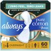 Always Pure Cotton Feminine Pads for Women, FlexFoam Pads with Wings, Size 4, Overnight Absorbency, Unscented, 60 Count (3 Packs of 20) view 1