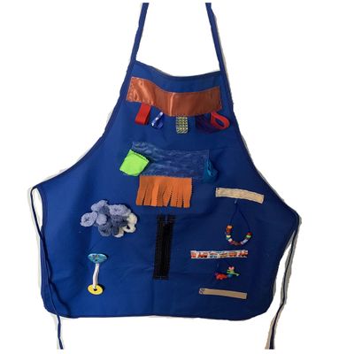 Adult Fidget Apron, Tactile Apron for Dementia, ADHD, Autism, Various Fidgets and Ribbons, Zipper, Washable, Blue and Black