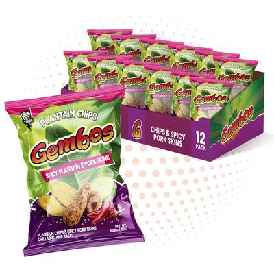 Gembos Spicy Plantain & Pork skins Snack Pack, Chili Lime and Salt Chips, Crunchy Chicharrones and Plantain Mix, Bold Flavor Snack 4 oz Bags, 12-Pack