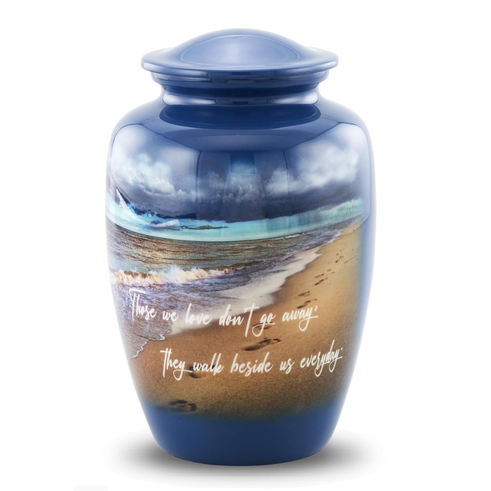 Footprints Cremation Urn - Ocean Blue Memorial Urn with Beach & Waves  Full-Size Handcrafted Metal Funeral Urns for Men & Womens Ashes (Up to 210 lbs)  A Beautiful Tribute for Ocean Lovers