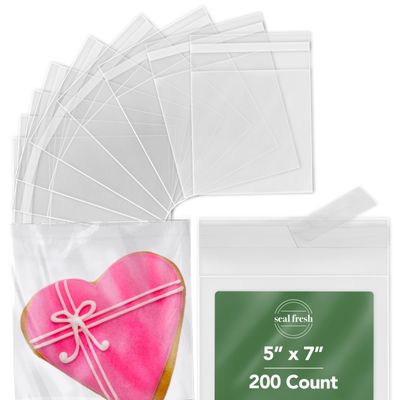 Seal Fresh 5 x 7 Inch Cellophane Bags 200 Pack  Clear Self-Sealing Resealable Treat Bags for Cookies, Candy, Pastries, Party Favors, Gift Packaging
