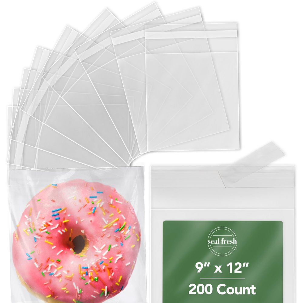 Seal Fresh 9 x 12 Inch Cellophane Bags 200 Pack Clear Self-Sealing Resealable Large Bags for Gift Packaging, Apparel, Crafts, Party Favors, Document Storage