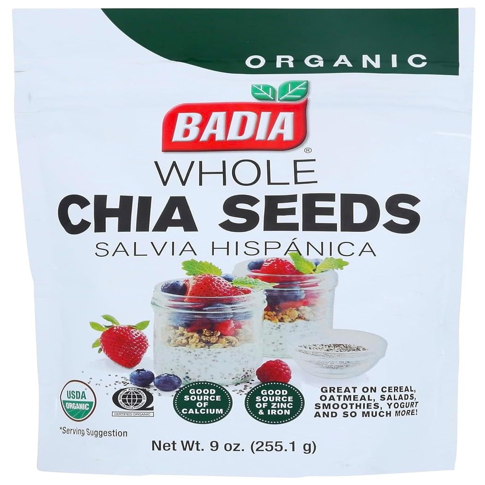 Badia Organic Whole Chia Seeds, 9 oz  Rich in Fiber, Protein, and Omega-3  Perfect for Smoothies, Baking, Yogurt & Healthy Recipes