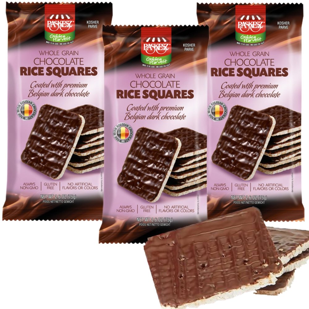 Chocolate Covered Rice Cakes Squares, Whole Grain, Dairy Free, Gluten Free, Kosher, Low Calorie Snacks, 2.6 oz, Pack of 3