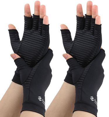 2 Pairs Compression Gloves for Women and Men, Fingerless Copper Arthritis Gloves for Rheumatoid Arthritis Osteoarthritis Carpal Tunnel, Hand Pain Relief and Support, Open Finger (Black, X-Large)