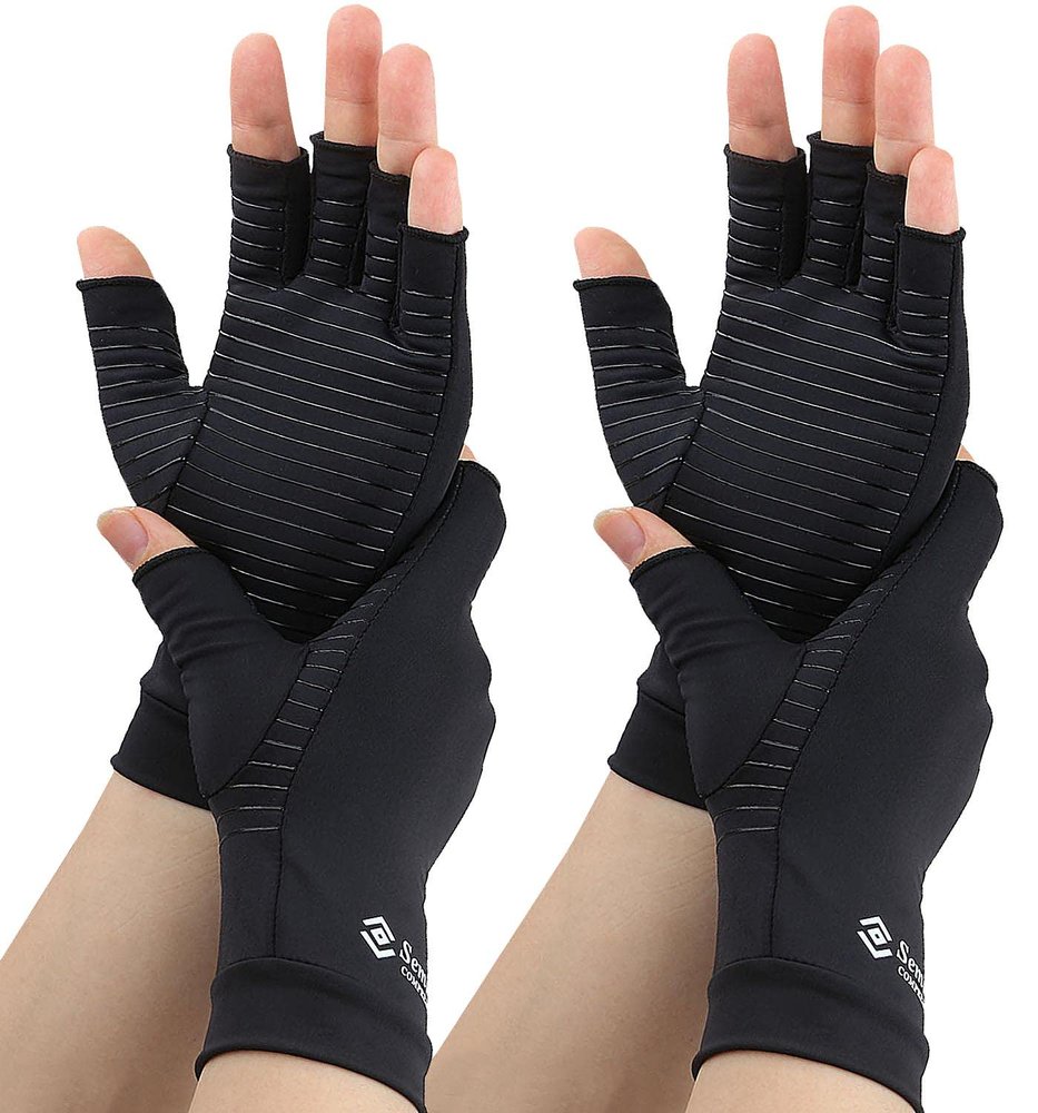 2 Pairs Compression Gloves for Women and Men, Fingerless Copper Arthritis Gloves for Rheumatoid Arthritis Osteoarthritis Carpal Tunnel, Hand Pain Relief and Support, Open Finger (Black, X-Large)