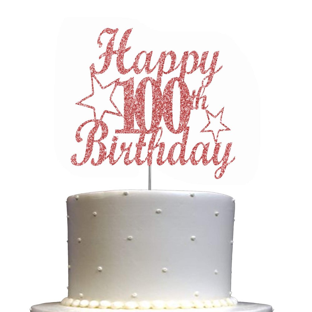 100 Birthday Rose Gold Glitter Cake Topper, 100th Party Decorations Ideas, Premium Quality Decoration, Sturdy Doubled Sided Glitter, Acrylic Stick. Made in USA