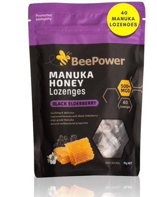 BeePower All Natural Manuka Honey Lozenges | Cough Drops for Soothing Dry, Sore Throat | Contains 40 Lozenges Black Elderberry Flavor | MGO 500+ 6.7 Oz