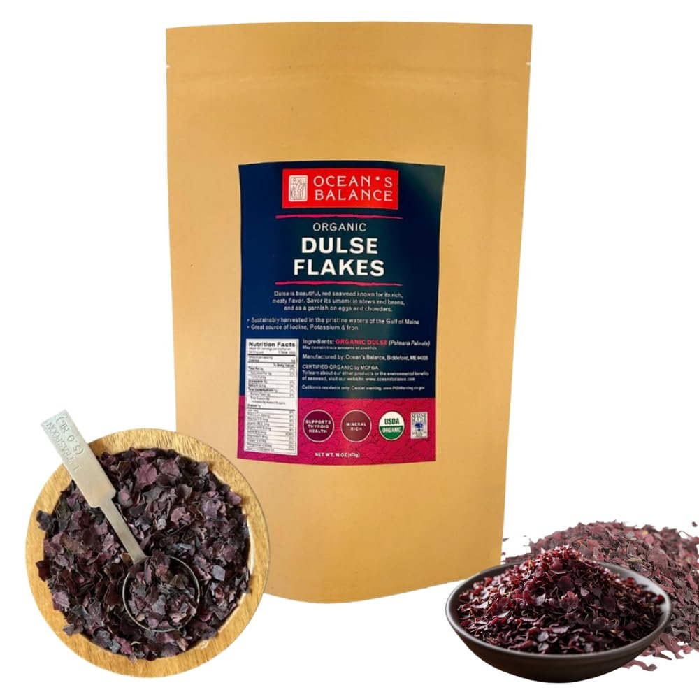 Oceans Balance: Organic Dulse Flakes - Maine Coast Seaweed Atlantic Ocean Sea Vegetables - Perfect for Keto Diet, Paleo Diet, Vegetarian Lifestyle or Vegan Diet & Detox Cleanse - Gluten Free, 1lb Bag