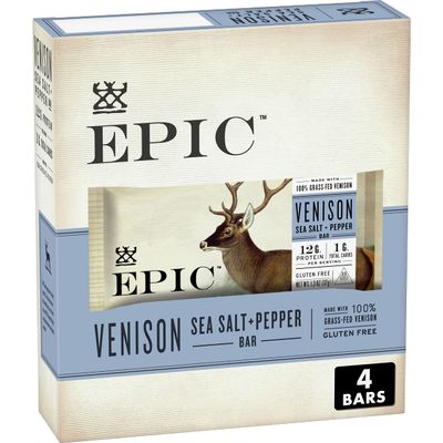 EPIC Venison Sea Salt and Pepper Bars, Keto and Paleo Friendly, Whole 30, Protein Snacks, 4 Ct, 5.2 oz