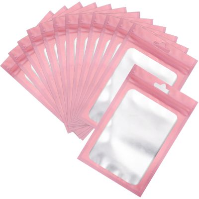 100 Pcs Resealable Mylar Bags, Sealable Odor Proof Foil Pouch Bag with Clear Window, Small Bussiness Packaging Supplies (Pink, 5.5 X 7.9 Inch)