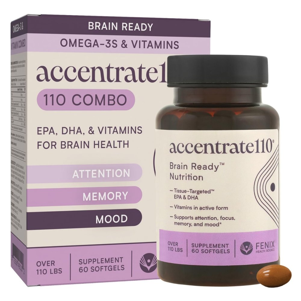 Accentrate110 - Focus Supplement - Methylated Vitamin B Complex with Omega 3 Fatty Acid Supplement - L-Methylfolate, Vitamin B12, P-5-P, Riboflavin, VIT D,  60 Softgels (1 Month Supply)