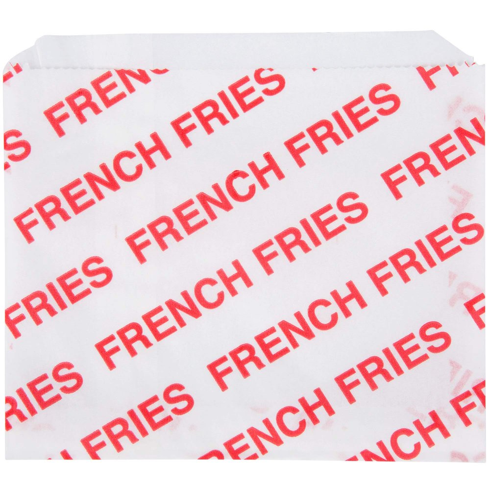 A1 Bakery Supplies Large Printed French Fry Bags 100 Pack 5 1/2" x 4 1/2" Waxed Paper Fold Top Red Disposable Rectangular Microwave Safe Steamer Safe Food Storage Bags