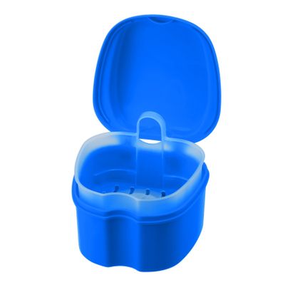 Denture Cup Dental Retainer Case Cleaning with Strainer Basket, Orthodontic Bath Box Mouthguard Storage Soaking Holder - Dark Blue