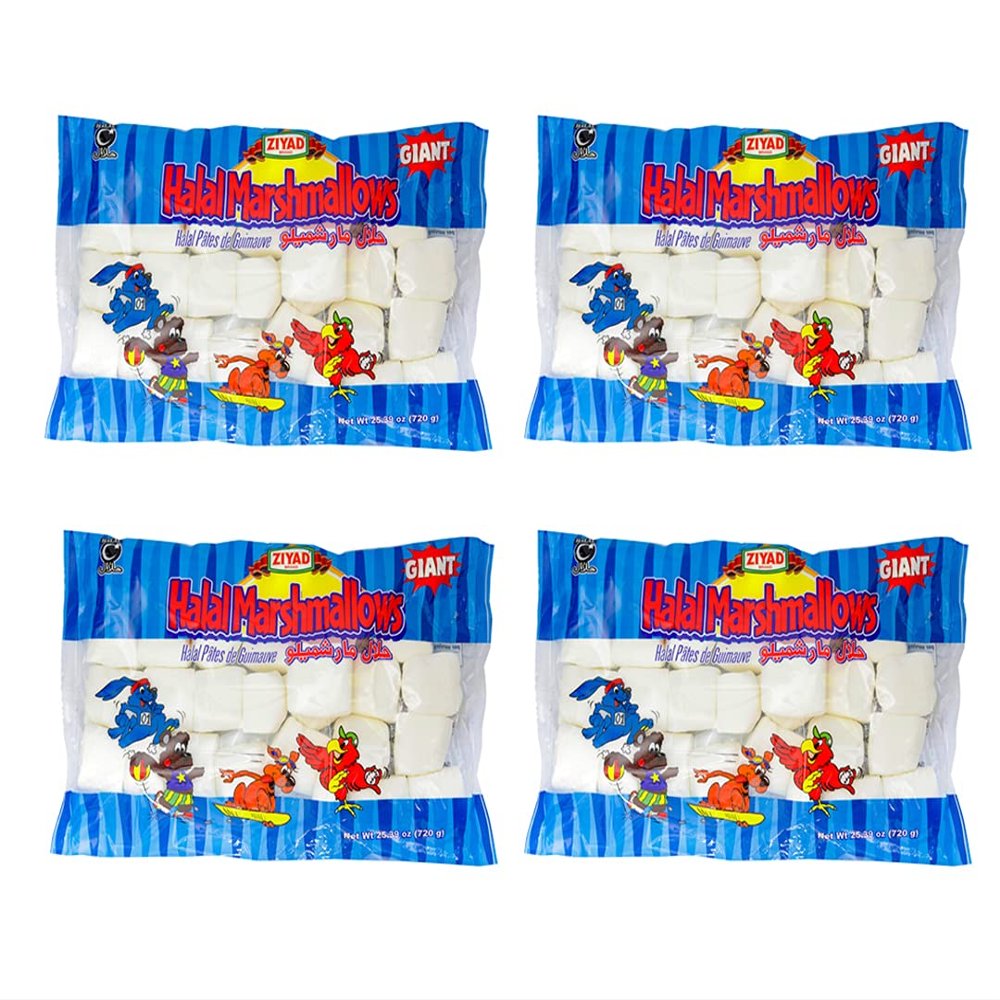 Ziyad Gourmet Halal Giant Marshmallows in Jumbo Bag, Delicious Sweet Treat, Pork-Free, Egg-Free, Dairy-Free, Gluten-Free, Perfect for Holidays and Smores! 25oz (Pack of 4)