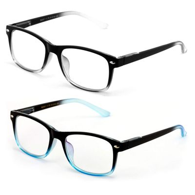 2 Pairs Classic Modern Rectangular Lightweight Reading Glasses - Spring Hinge Reader (1 Black/Blue 1 Black/Clear, 2.00)