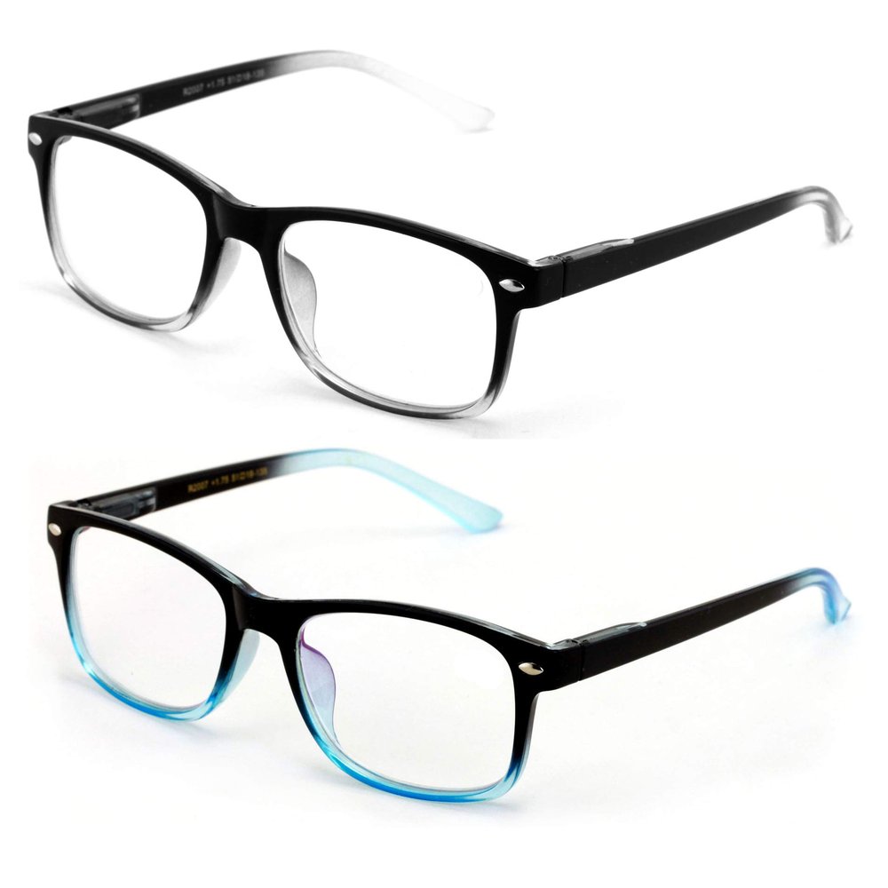 2 Pairs Classic Modern Rectangular Lightweight Reading Glasses - Spring Hinge Reader (1 Black/Blue 1 Black/Clear, 1.25)