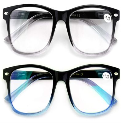 2 Pairs Simple Rectangular Reading Glasses - Anti-Blue - Blue Blocker Men or Women Reader (1 Black/Clear 1 Black/Blue, 1.50)