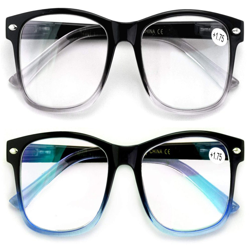 2 Pairs Simple Rectangular Reading Glasses - Anti-Blue - Blue Blocker Men or Women Reader (1 Black/Clear 1 Black/Blue, 2.50)