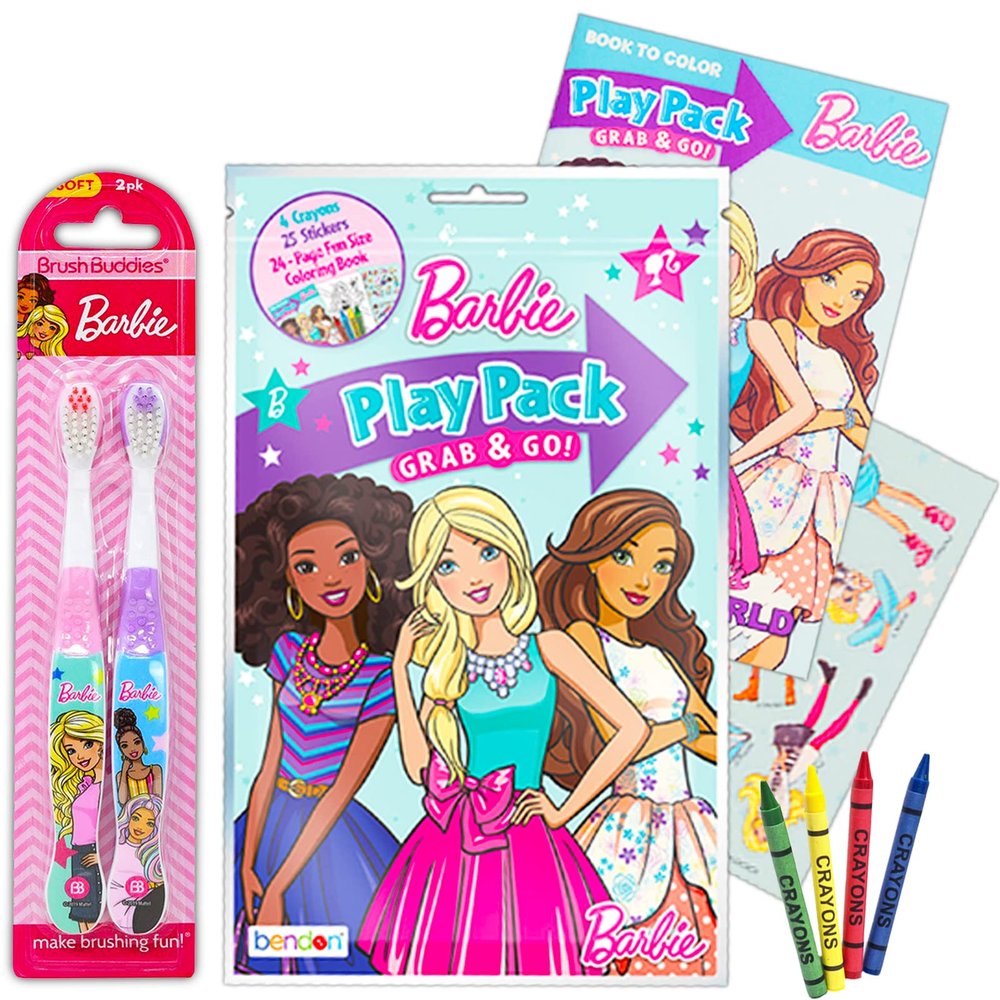 Barbie Toothbrush 2-Pack - Bundle of Soft Toothbrushes with Reward Stickers, Coloring Pages, and More Barbie Oral Set